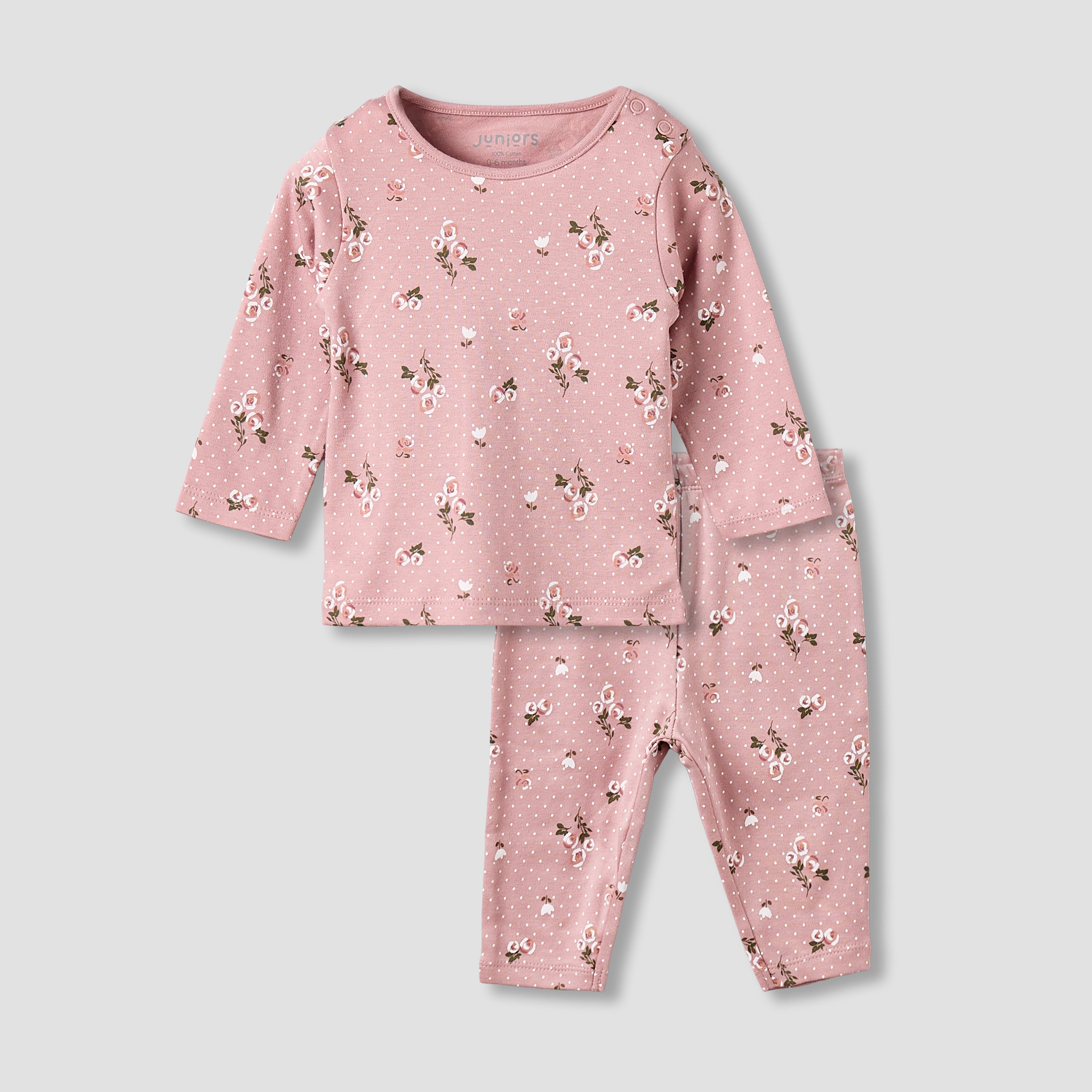 Juniors Cotton Round Neck Long Sleeves Pyjama Set with Floral Print - Pink / 12-18 mths