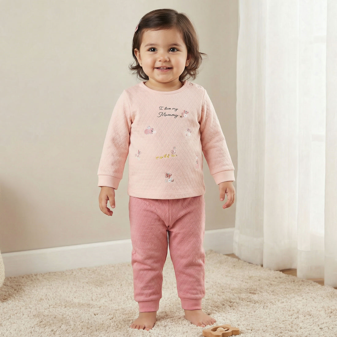Juniors Cotton Long Sleeves Pyjama Set with Typographic Embroidery - Pink / 12-18 mths