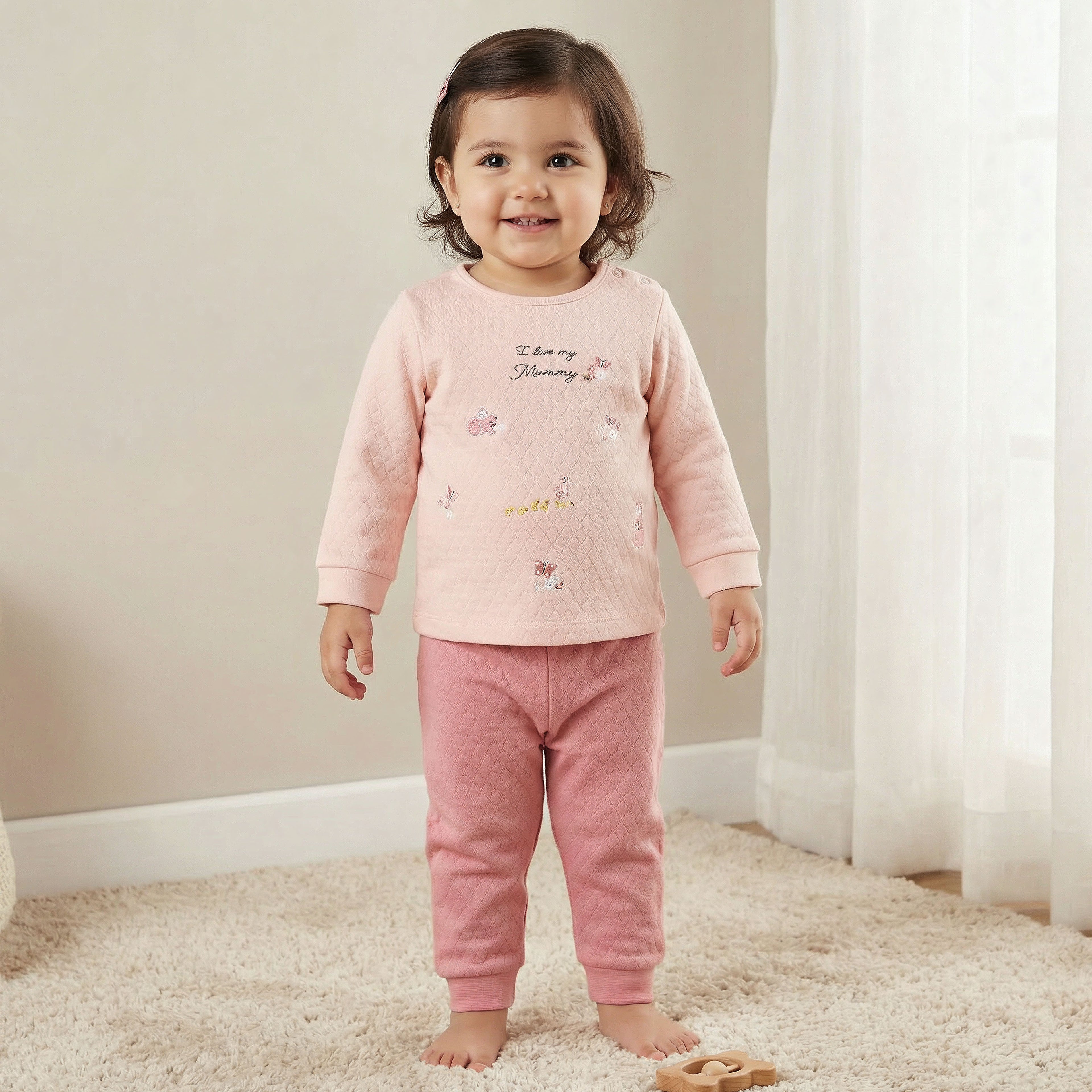 Juniors Cotton Long Sleeves Pyjama Set with Typographic Embroidery - Pink / 12-18 mths