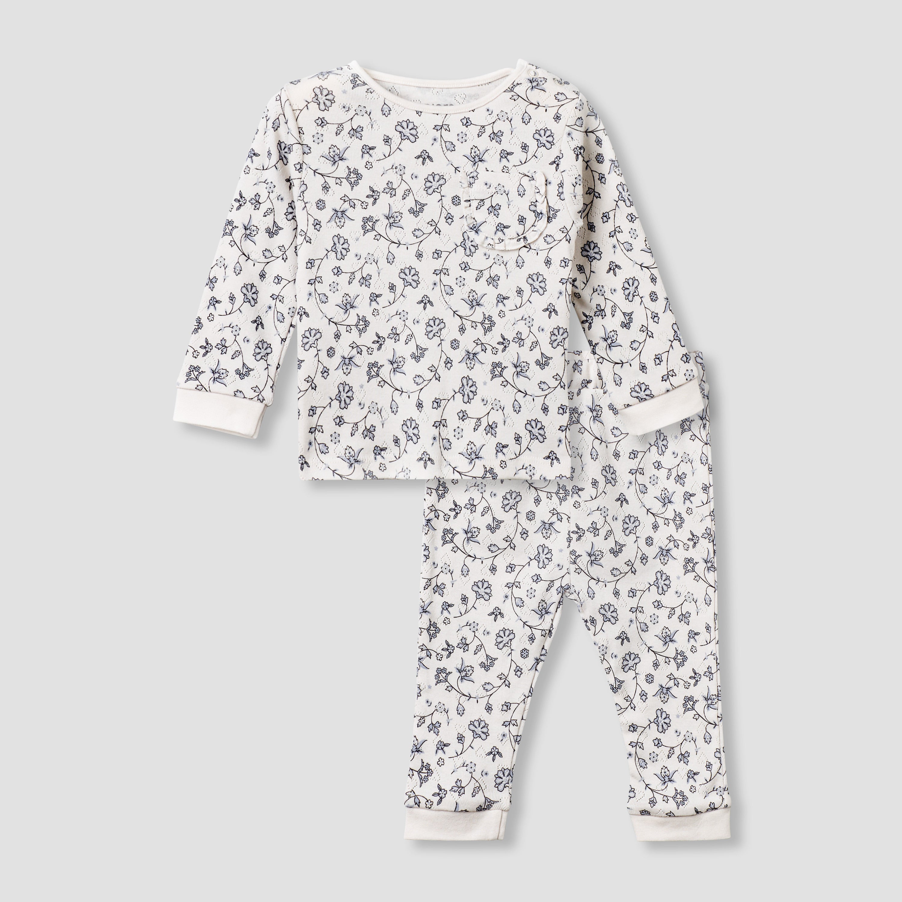 Juniors Cotton Long Sleeves Pyjama Set with Floral Print - White / 12-18 mths