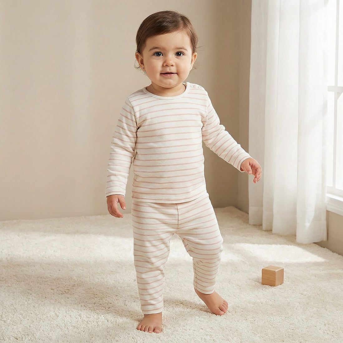 Juniors Striped T-shirt and Pyjama Set - Cream / 18-24 mths
