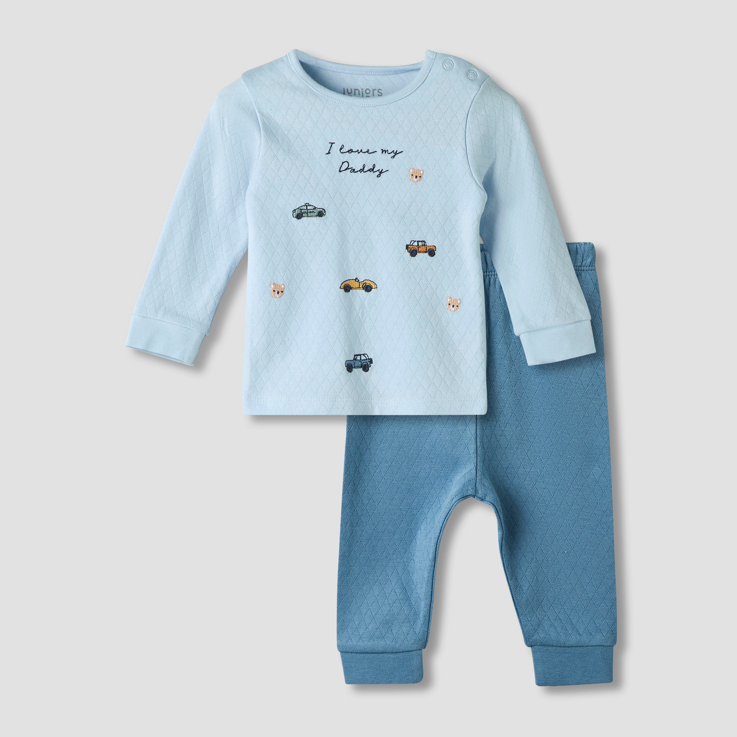 Juniors Cotton Crew Neck Long Sleeves Pyjama Set with Car Embroidery
