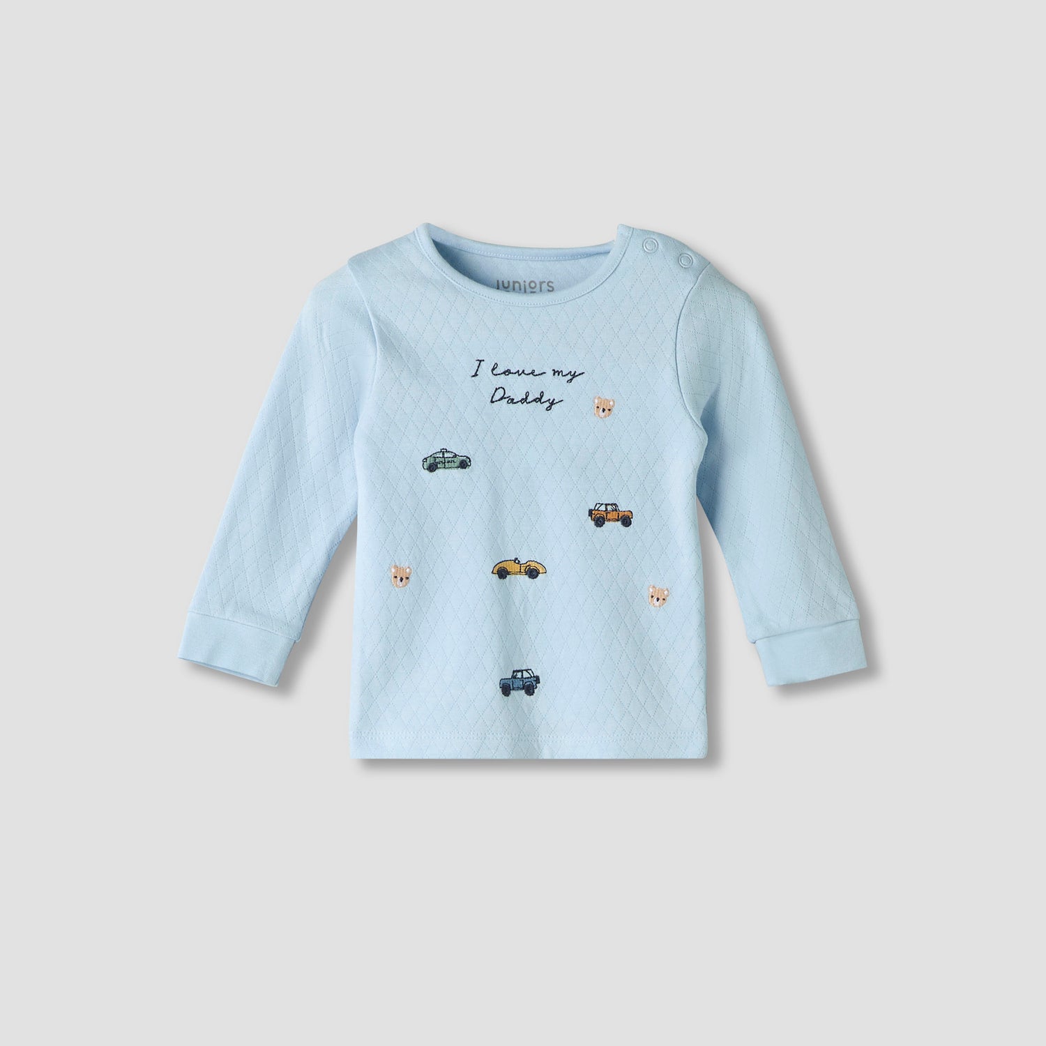 Juniors Cotton Crew Neck Long Sleeves Pyjama Set with Car Embroidery
