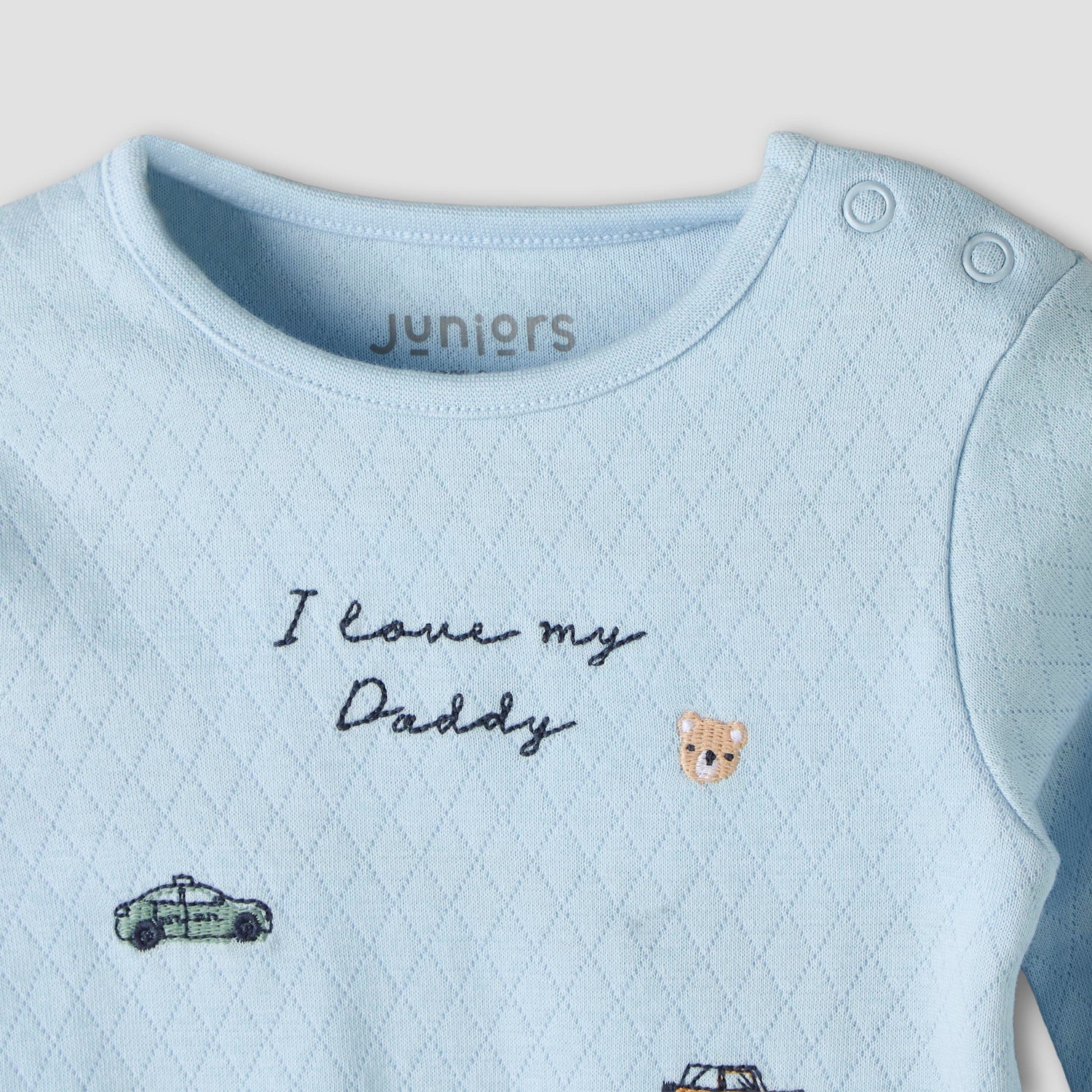 Juniors Cotton Crew Neck Long Sleeves Pyjama Set with Car Embroidery