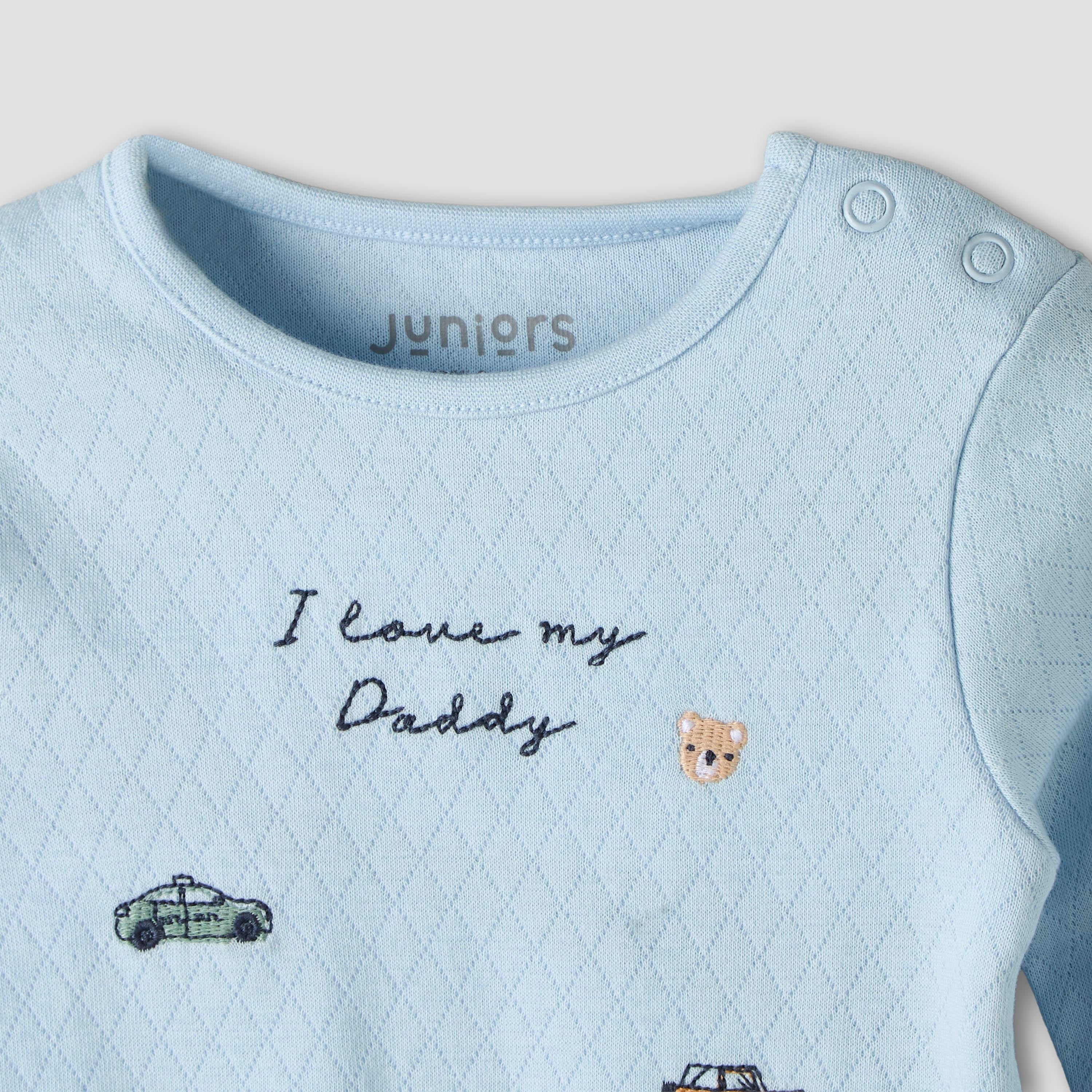 Juniors Cotton Crew Neck Long Sleeves Pyjama Set with Car Embroidery