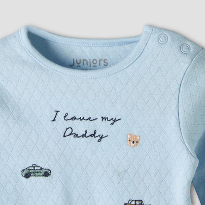 Juniors Cotton Crew Neck Long Sleeves Pyjama Set with Car Embroidery