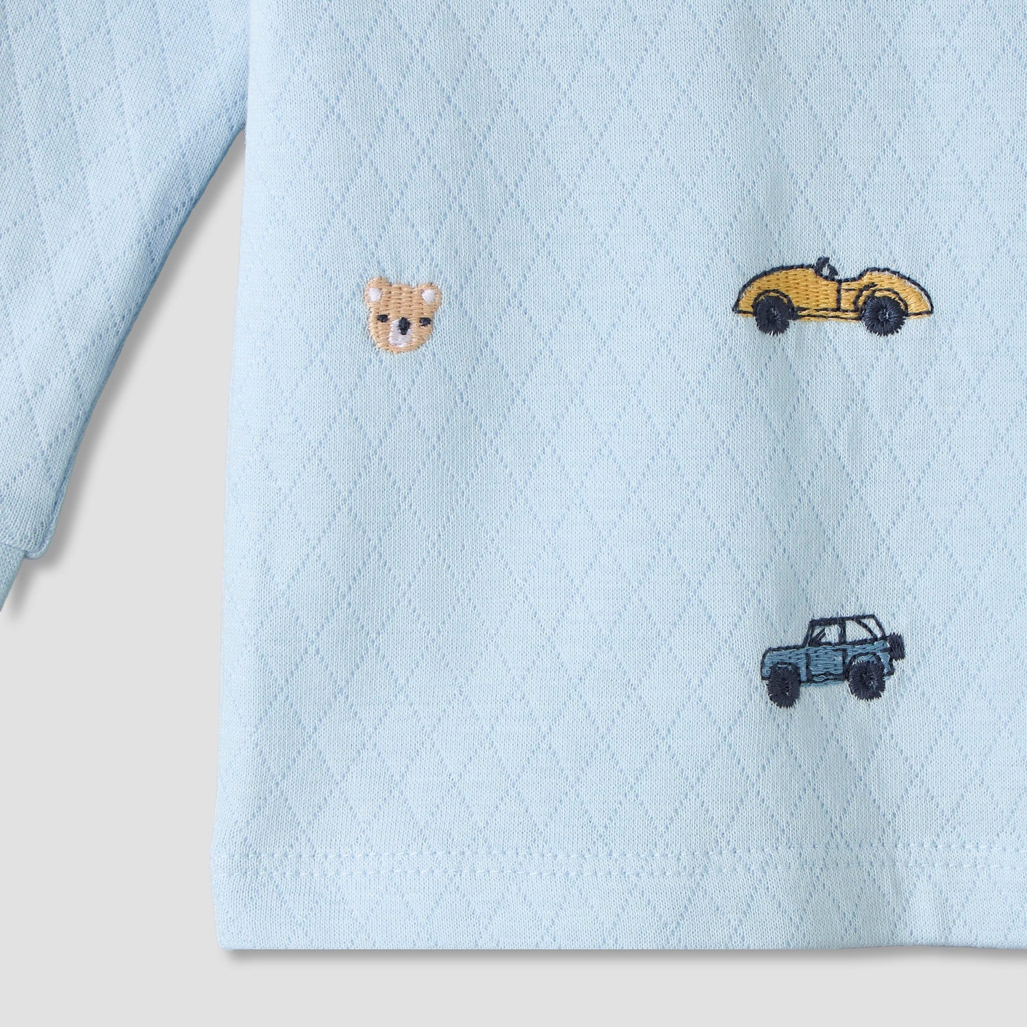 Juniors Cotton Crew Neck Long Sleeves Pyjama Set with Car Embroidery