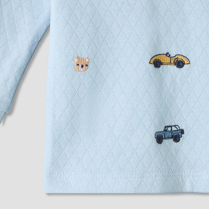 Juniors Cotton Crew Neck Long Sleeves Pyjama Set with Car Embroidery