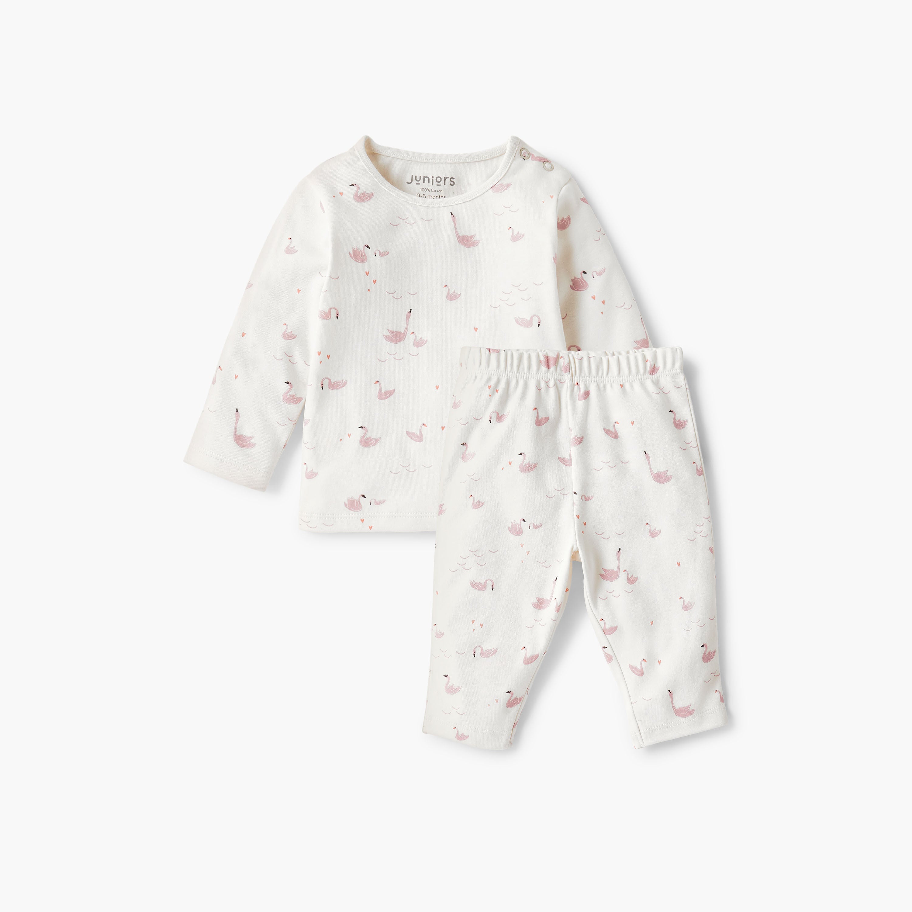Juniors Swan Print T-shirt and Pyjama Set - Cream / 12-18 mths