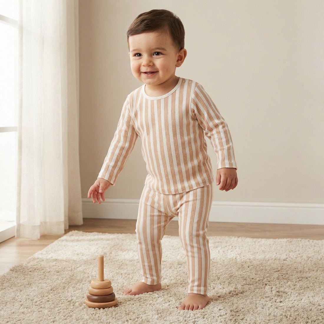 Juniors Striped T-shirt and Pyjama Set - Beige / 18-24 mths