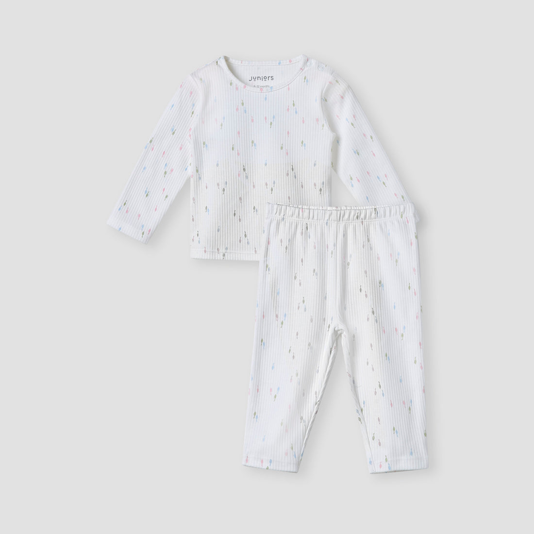 Juniors Printed T-shirt and Pyjama Set- Cotton - Long Sleeves- Round Neck - White / 12-18 mths