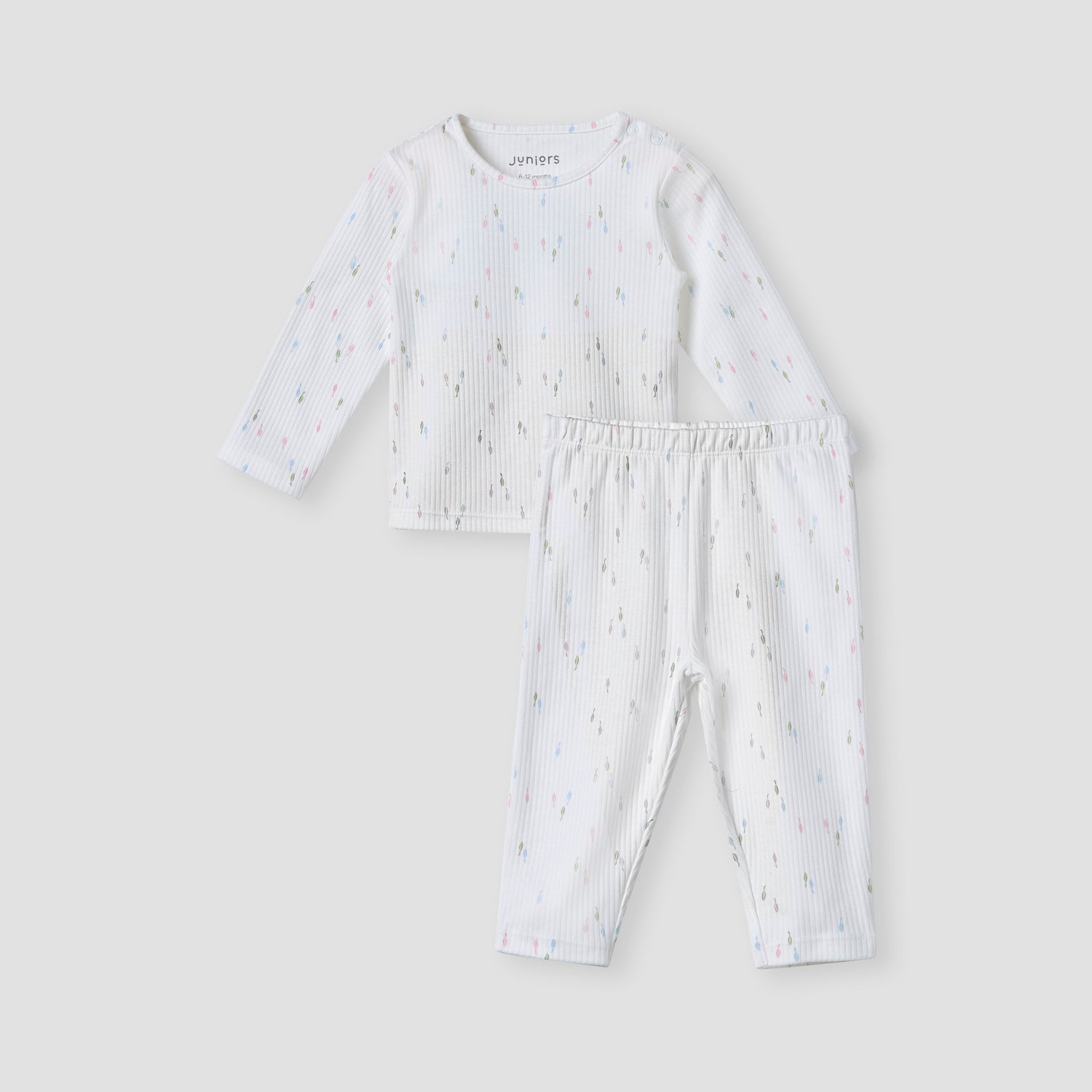 Juniors Printed T-shirt and Pyjama Set- Cotton - Long Sleeves- Round Neck - White / 12-18 mths