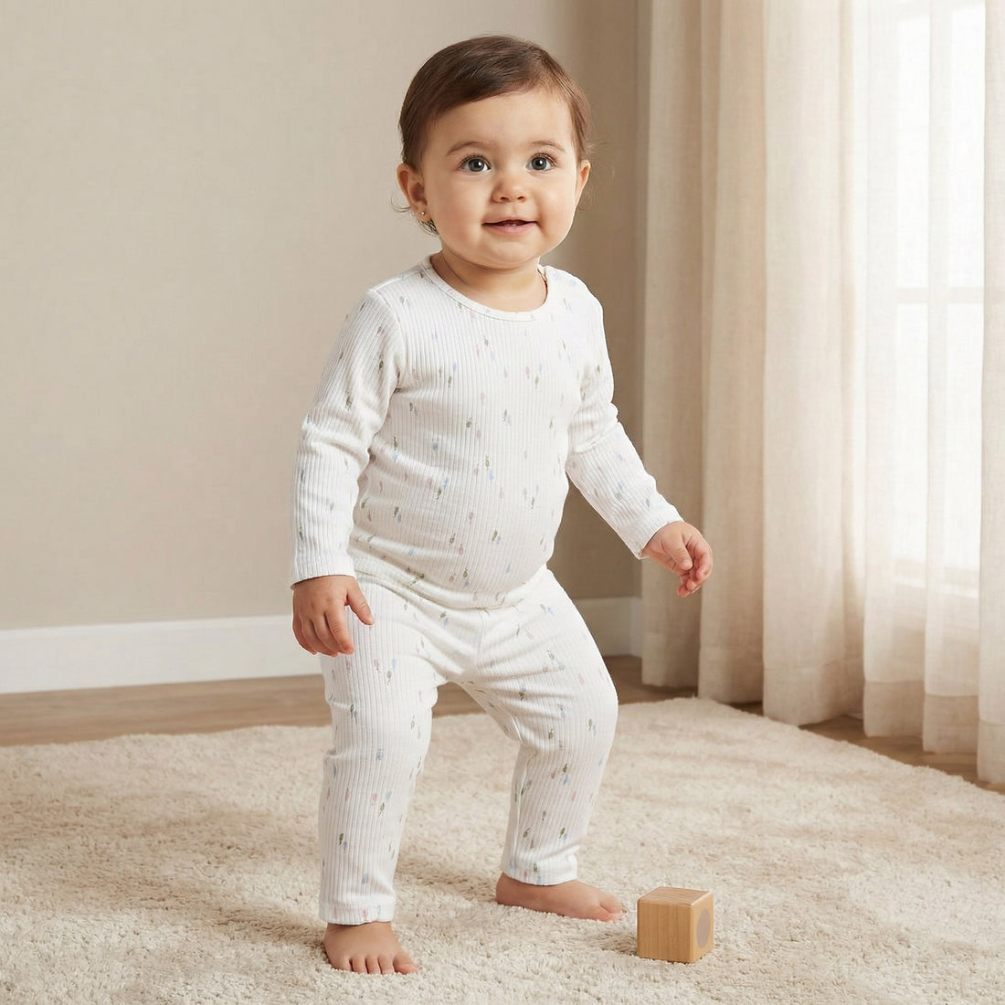 Juniors Printed T-shirt and Pyjama Set- Cotton - Long Sleeves- Round Neck - White / 18-24 mths