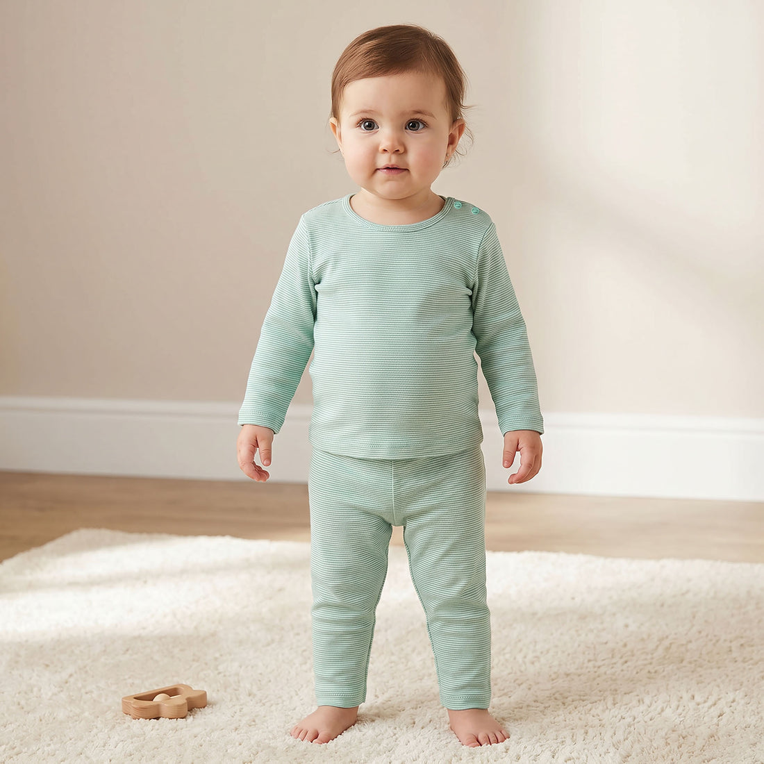 Juniors Striped Long Sleeves T-shirt and Pyjama Set - Green / 18-24 mths