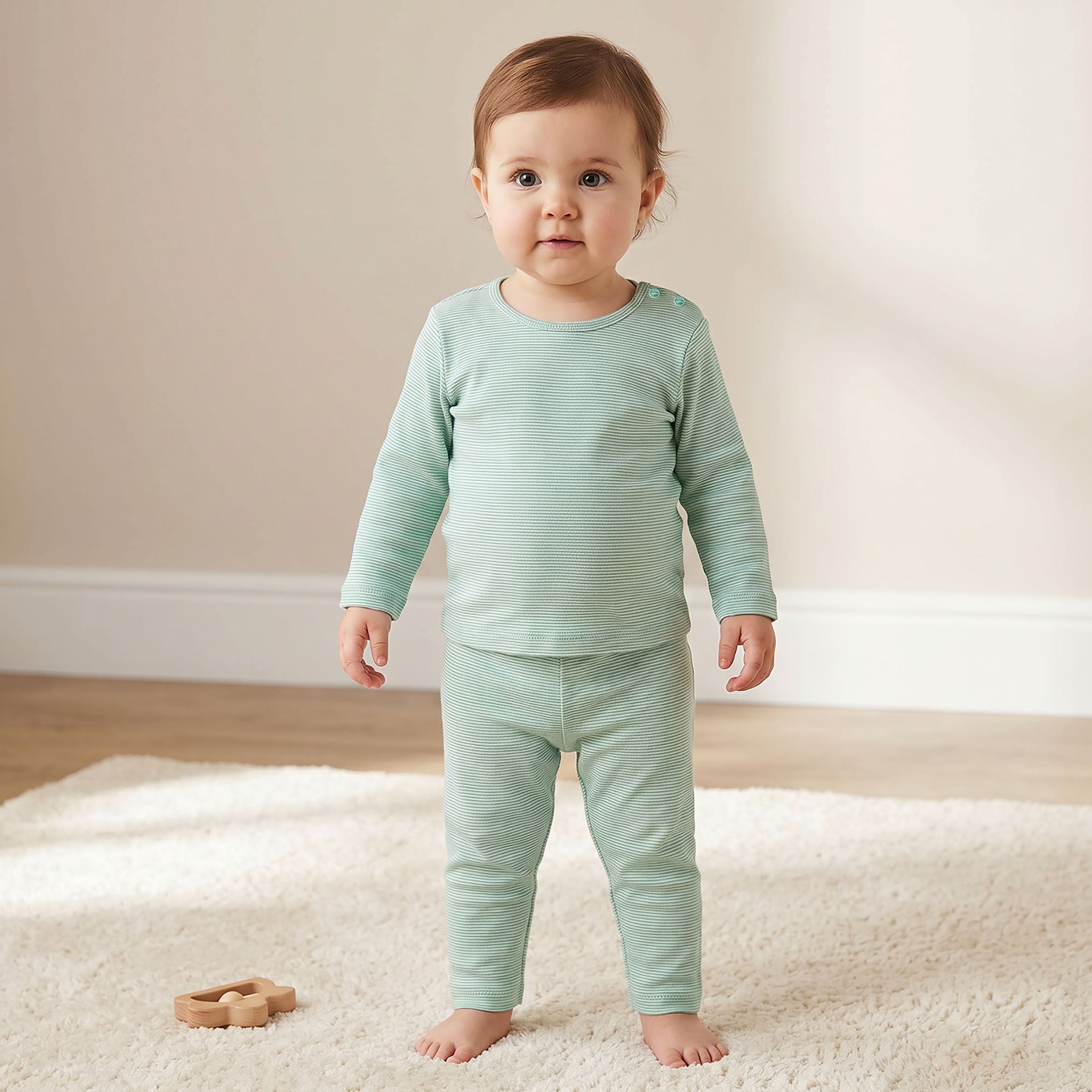 Juniors Striped Long Sleeves T-shirt and Pyjama Set - Green / 18-24 mths
