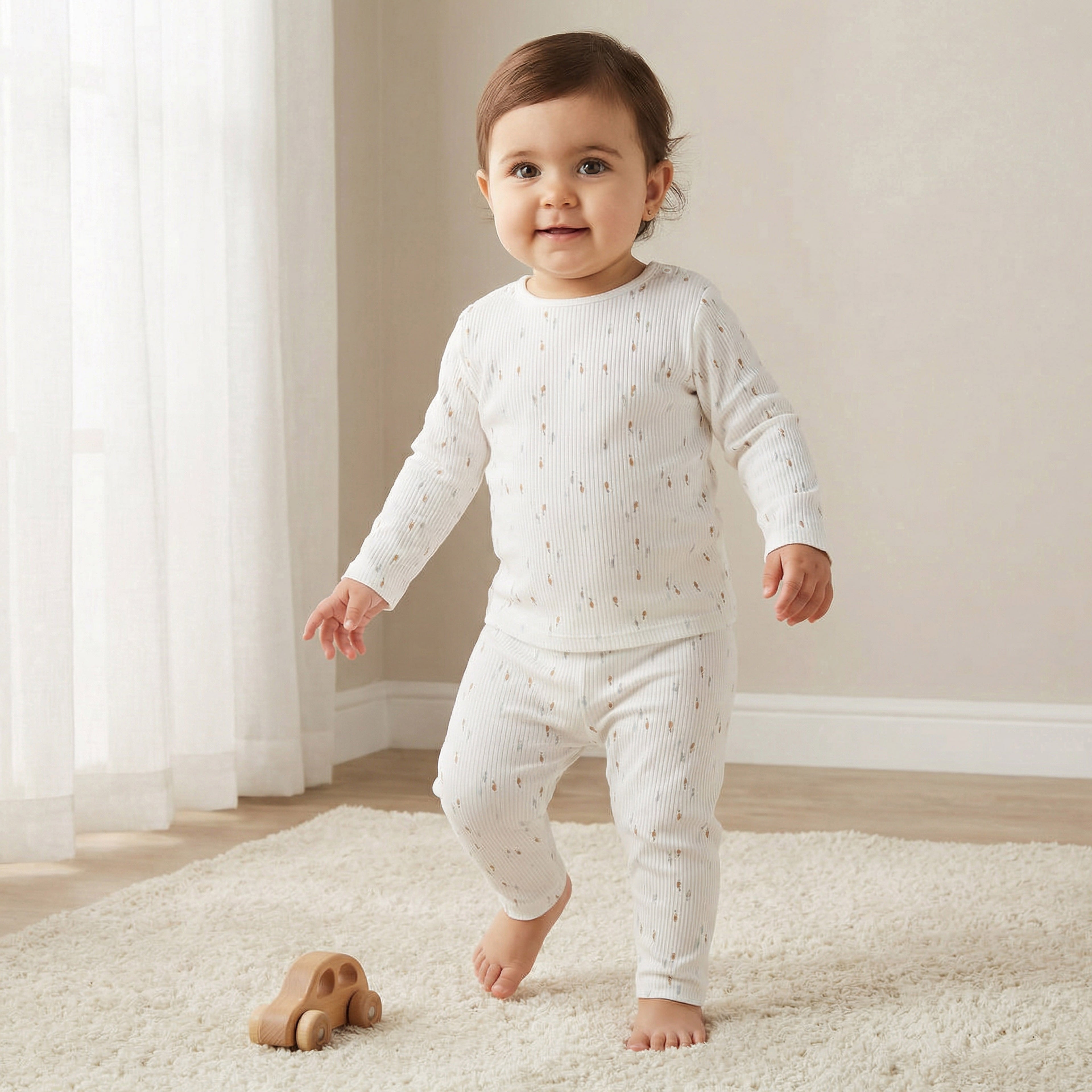 Juniors Printed Ribbed T-shirt and Pyjama Set - White / 12-18 mths