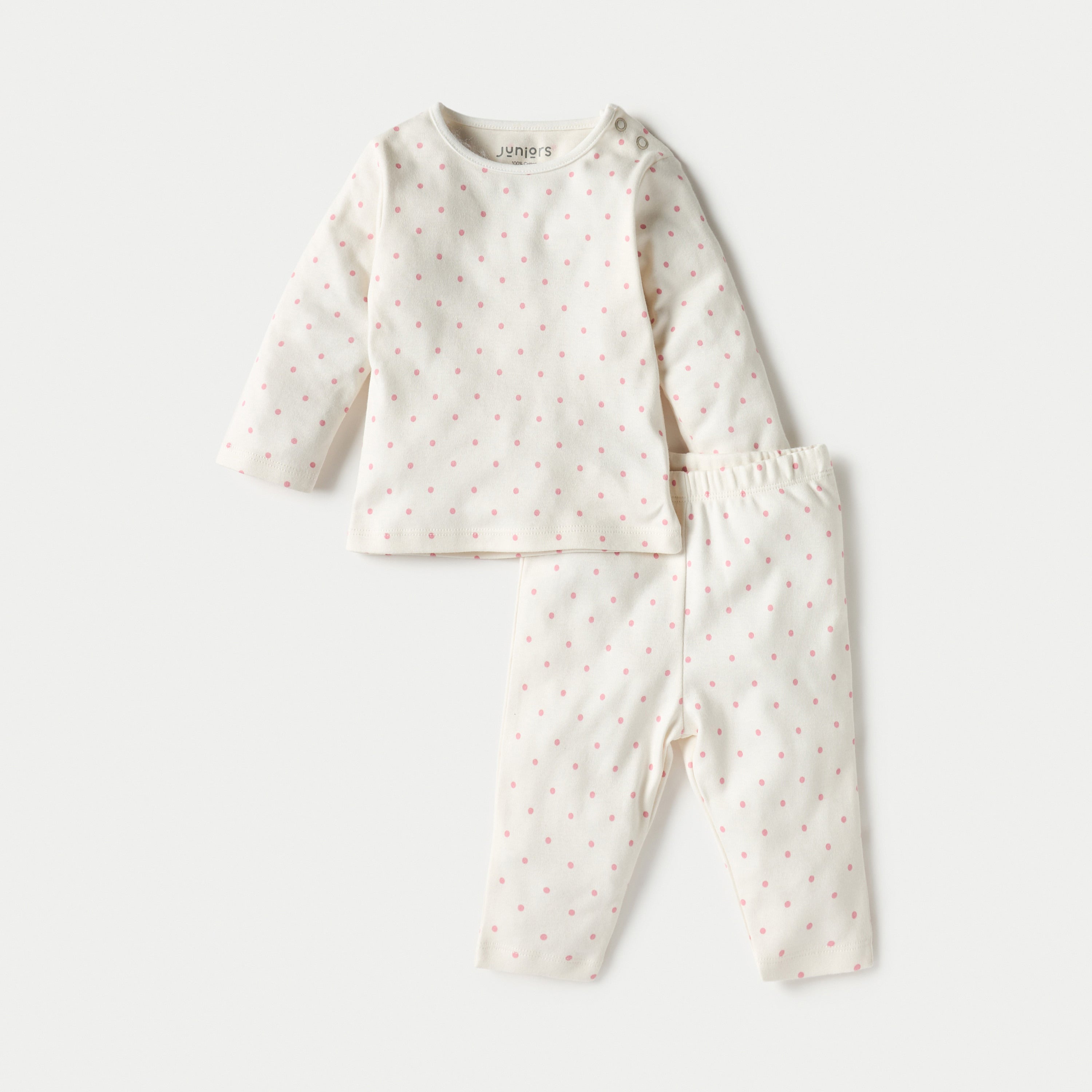 Juniors All-Over Polka Dot Print Long Sleeves T-shirt and Pyjama Set - Cream / 12-18 mths