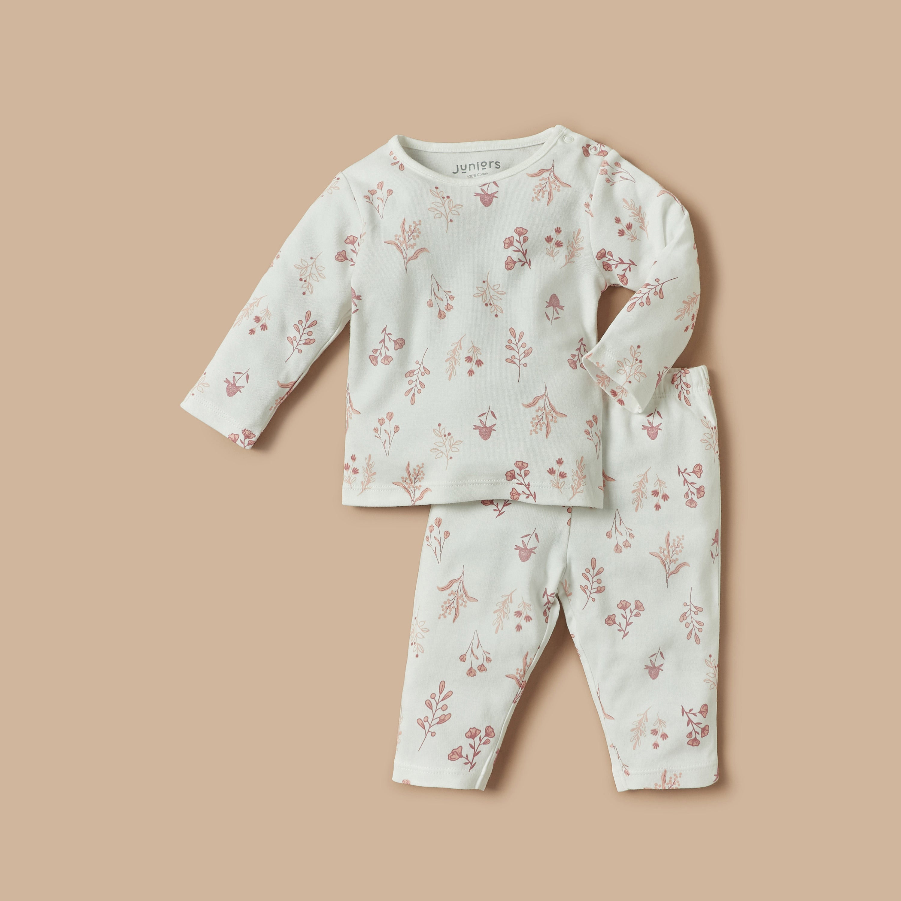 Juniors Floral Print T-shirt and Pyjama Set - White / 12-18 mths
