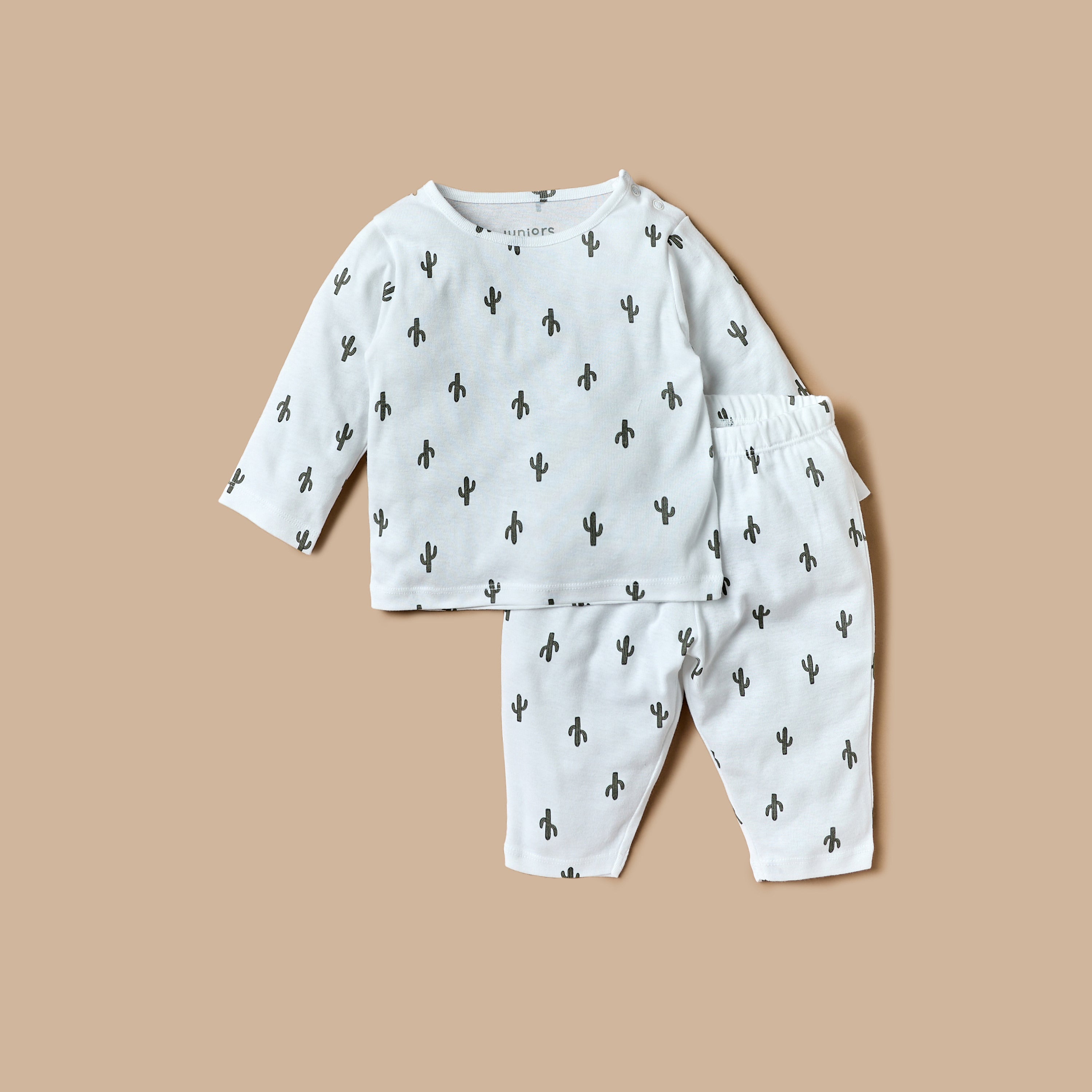 Juniors All-Over Cactus Print Long Sleeves T-shirt and Elasticated Pyjama Set