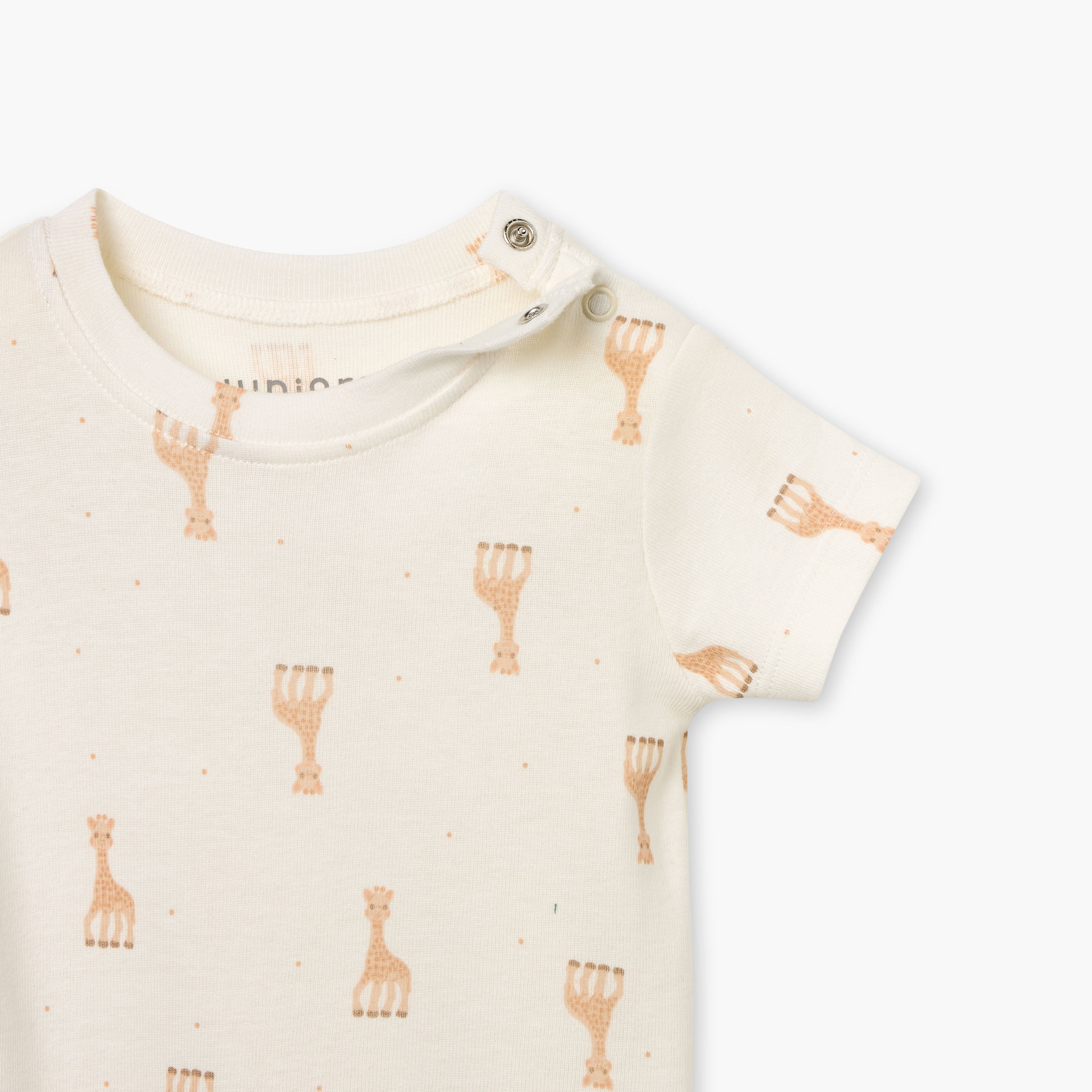 Juniors Giraffe Print Romper with Short Sleeves and Button Closure