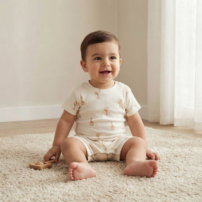 Juniors Giraffe Print Romper with Short Sleeves and Button Closure