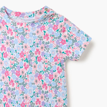 Juniors Floral Print Romper with Short Sleeves and Button Closure