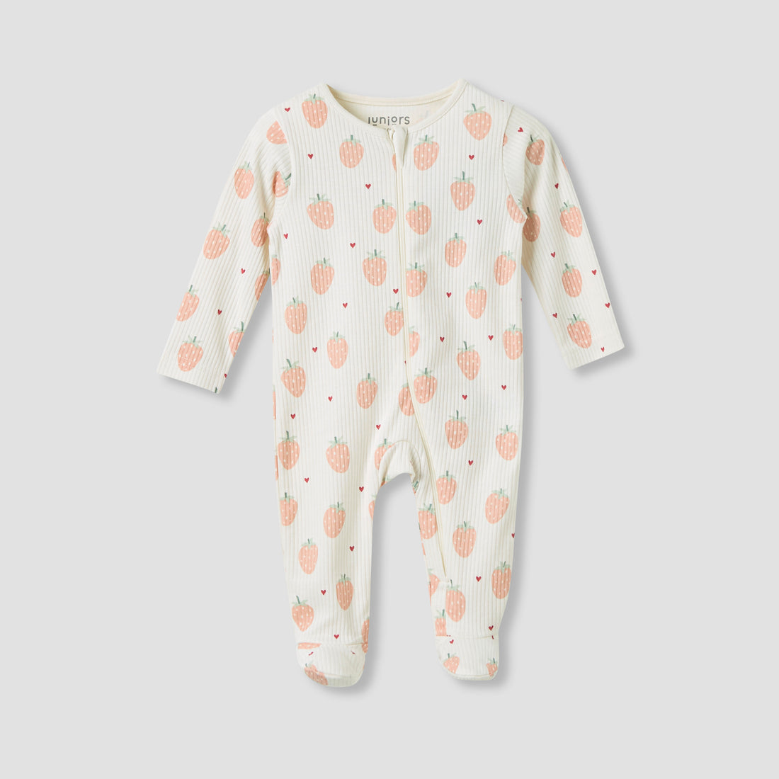 Juniors Strawberry Print Closed Feet Sleepsuit with Long Sleeves - Cream / 12-18 mths
