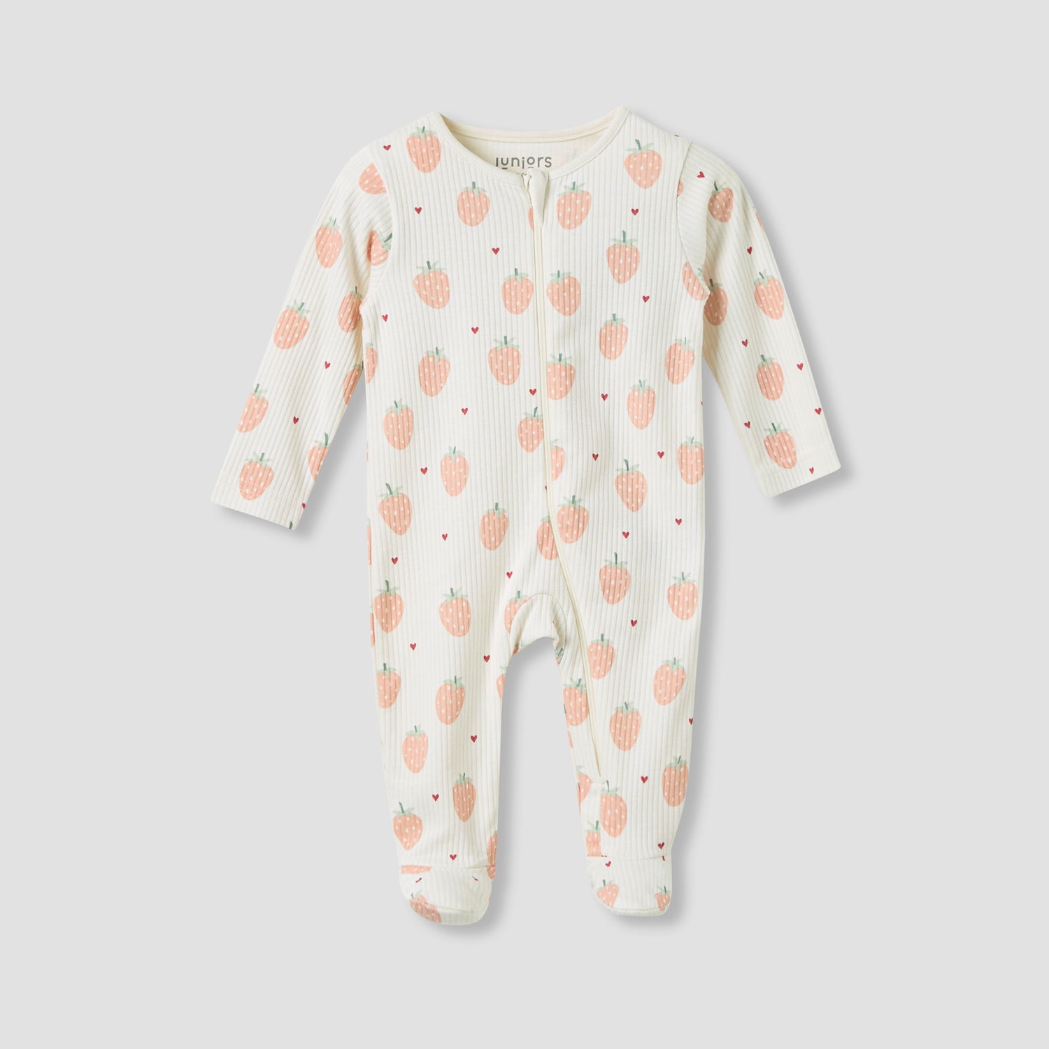 Juniors Strawberry Print Closed Feet Sleepsuit with Long Sleeves - Cream / 12-18 mths