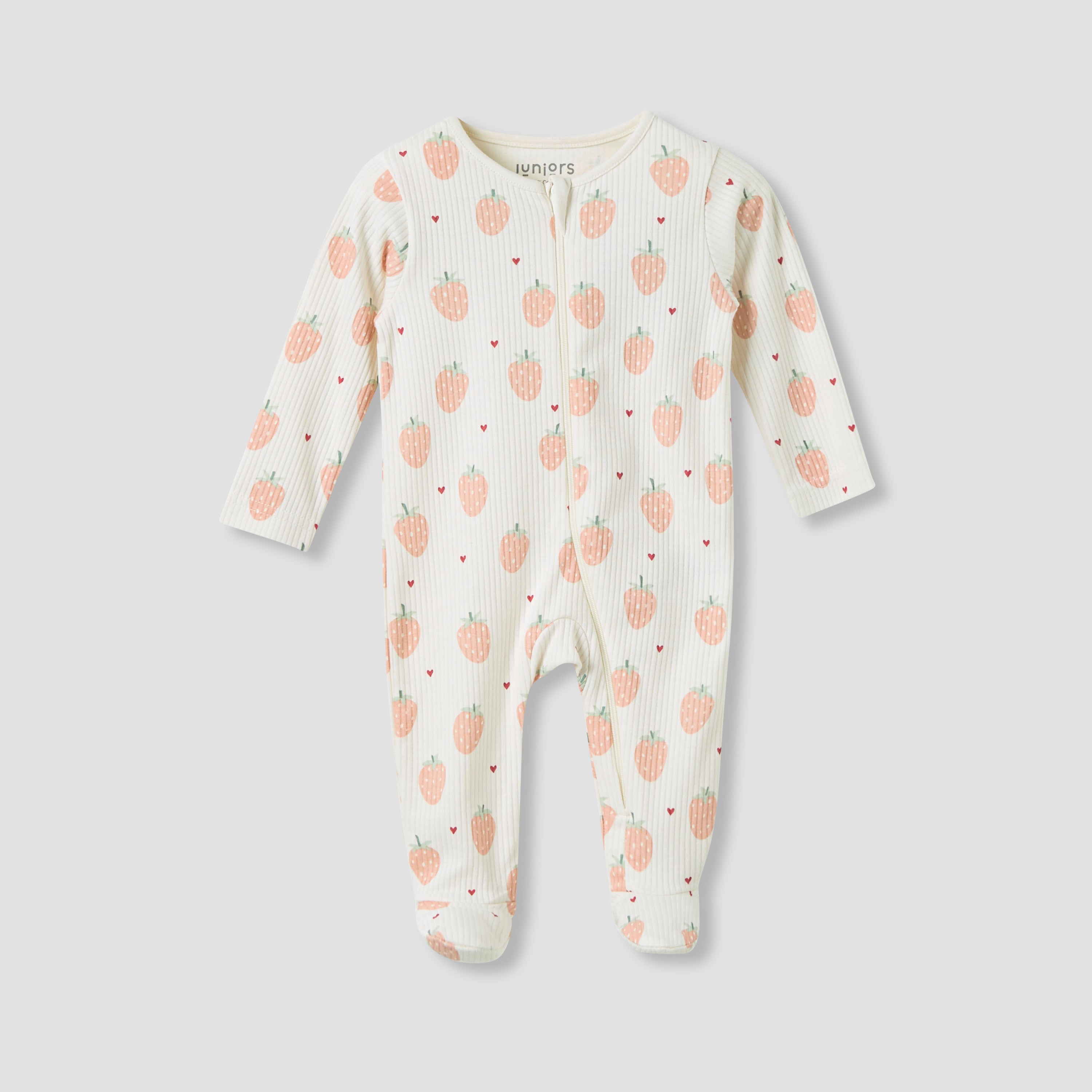 Juniors Strawberry Print Closed Feet Sleepsuit with Long Sleeves - Cream / 12-18 mths