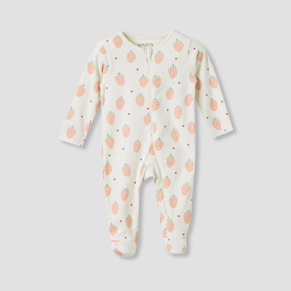 Juniors Strawberry Print Closed Feet Sleepsuit with Long Sleeves - Cream / 12-18 mths