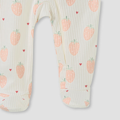 Juniors Strawberry Print Closed Feet Sleepsuit with Long Sleeves