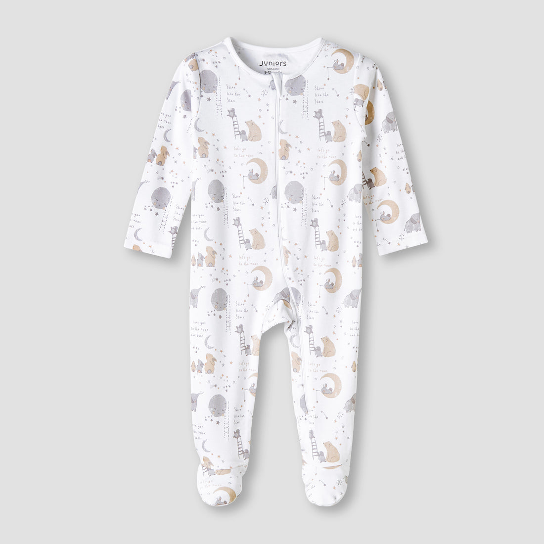 Juniors Round Neck Sleepsuit with Zip Closure - Cotton - Long Sleeves - White / 12-18 mths