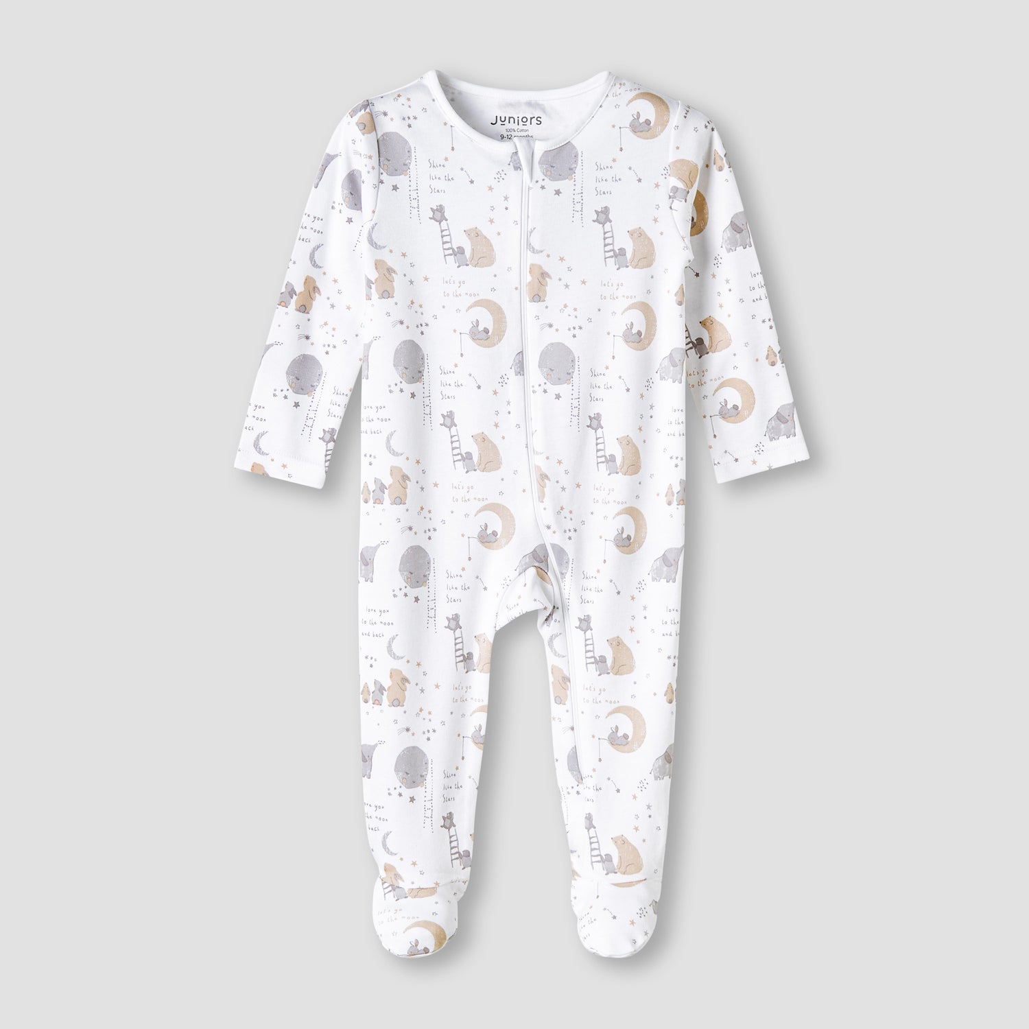 Juniors Round Neck Sleepsuit with Zip Closure - Cotton - Long Sleeves - White / 12-18 mths