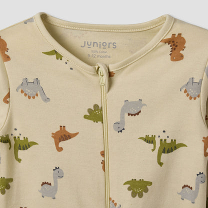 Juniors Cotton Round Neck Long Sleeves Sleepsuit with Dinosaur Print