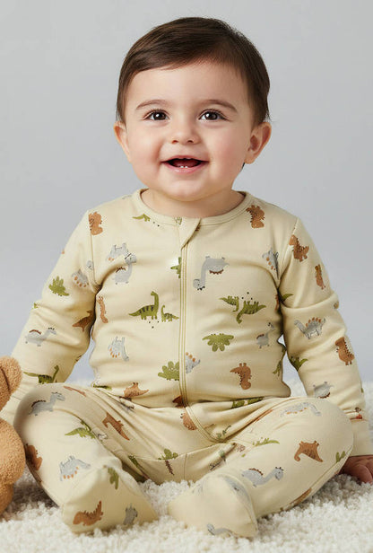 Juniors Cotton Round Neck Long Sleeves Sleepsuit with Dinosaur Print