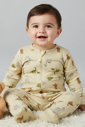 Juniors Cotton Round Neck Long Sleeves Sleepsuit with Dinosaur Print