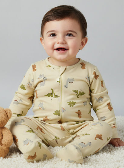 Juniors Cotton Round Neck Long Sleeves Sleepsuit with Dinosaur Print-promo_babyshop_Buy3for69_UAE130126-image-1