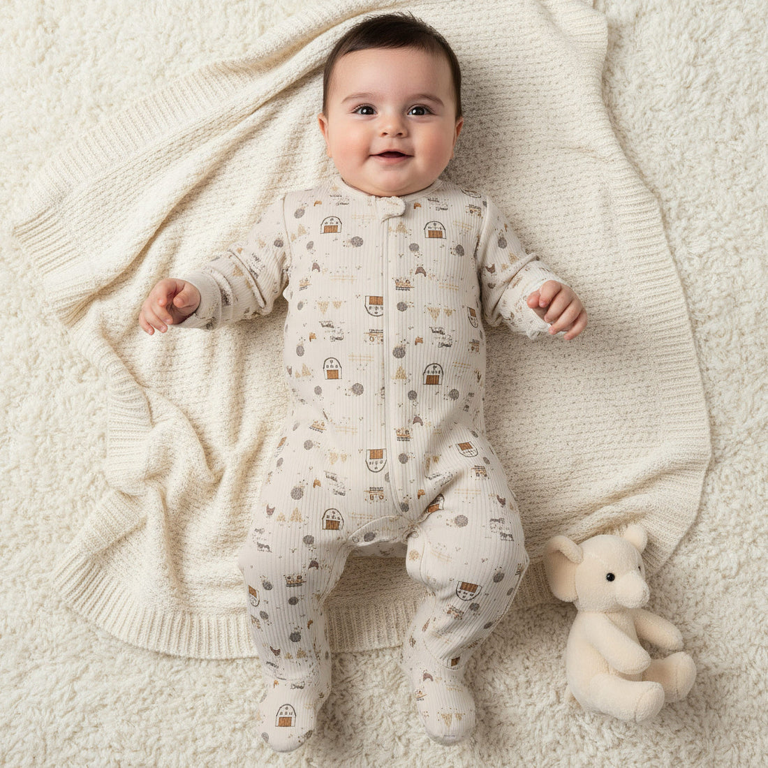 Juniors Cotton Round Neck Long Sleeves Sleepsuit with Farm Print