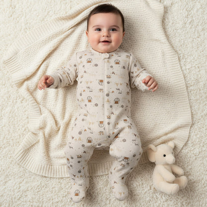 Juniors Cotton Round Neck Long Sleeves Sleepsuit with Farm Print - Cream / 12-18 mths
