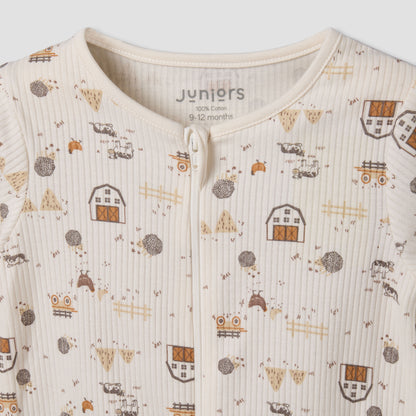 Juniors Cotton Round Neck Long Sleeves Sleepsuit with Farm Print