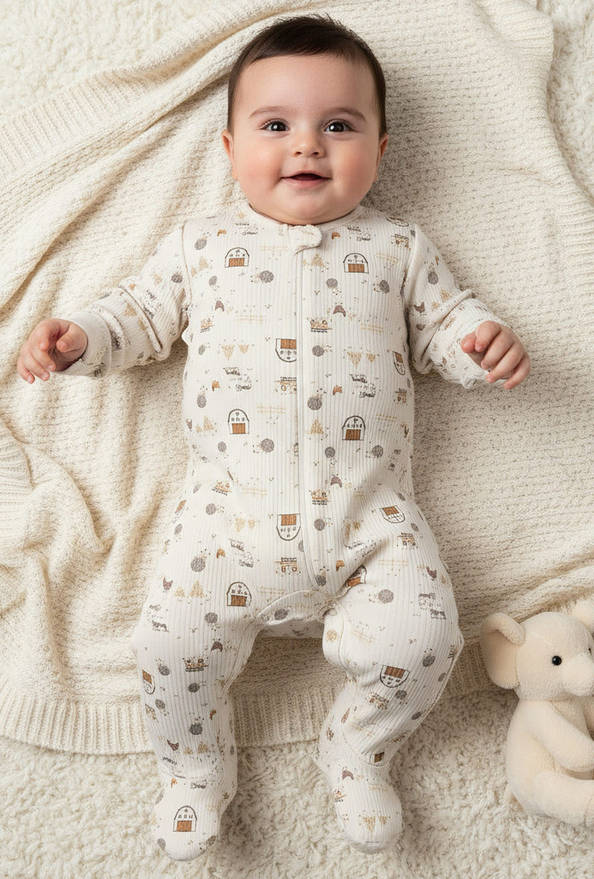 Juniors Cotton Round Neck Long Sleeves Sleepsuit with Farm Print