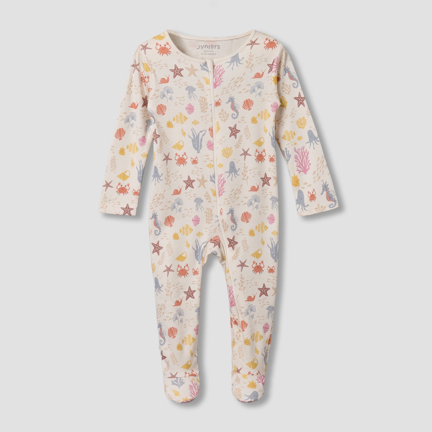 Juniors Cotton Round Neck Long Sleeves Sleepsuit with Underwater Print - Cream / 12-18 mths