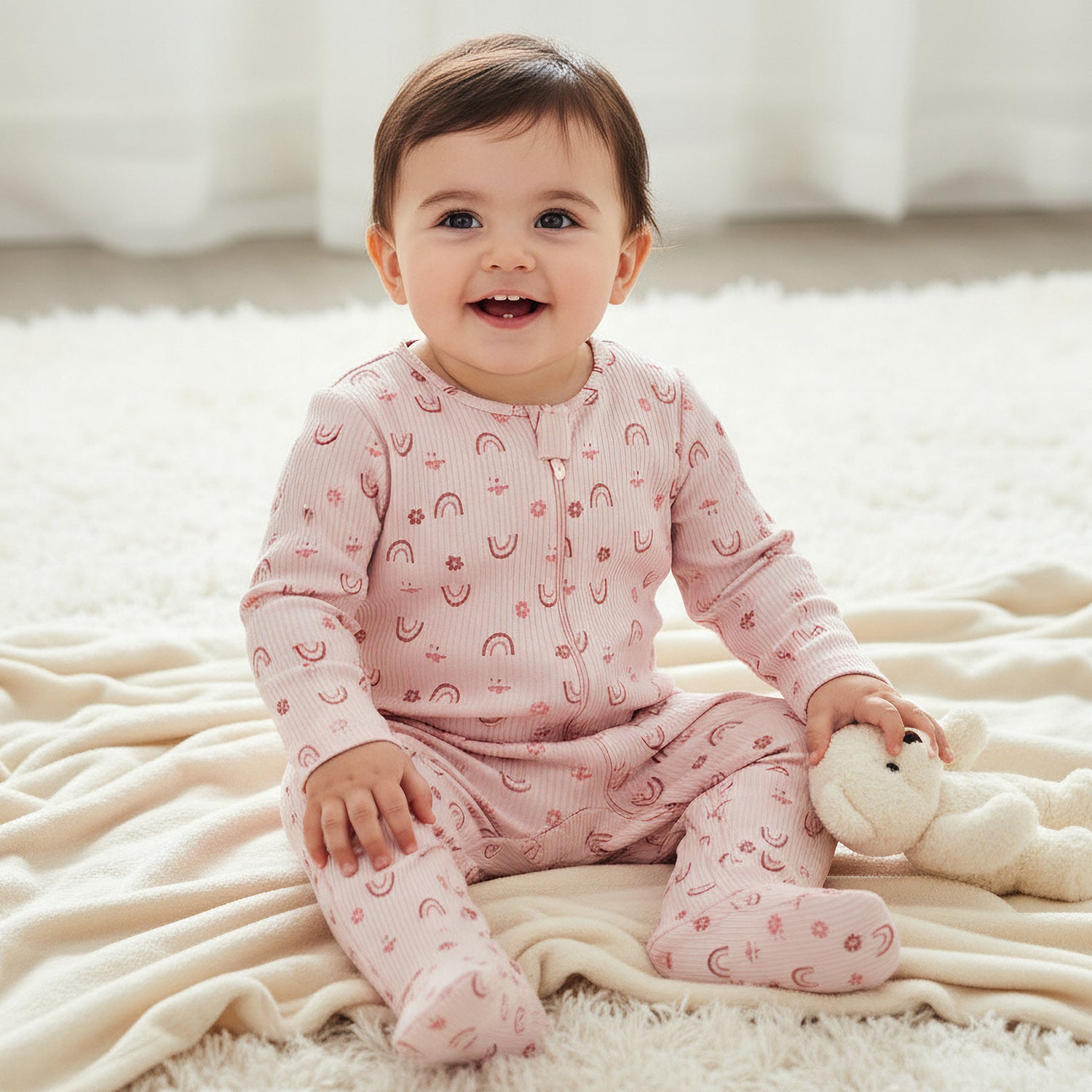 Juniors Cotton Round Neck Long Sleeves Sleepsuit with Fun Print - Pink / 12-18 mths