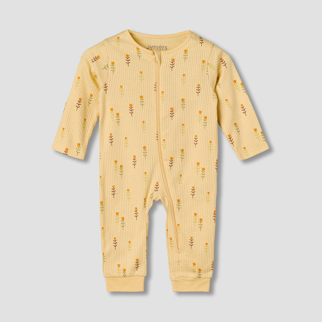 Juniors Cotton Round Neck Long Sleeves Sleepsuit with Floral Print - Yellow / 12-18 mths