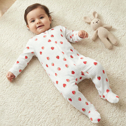 Juniors Cotton Round Neck Long Sleeves Sleepsuit with Strawberry Print - White / 12-18 mths