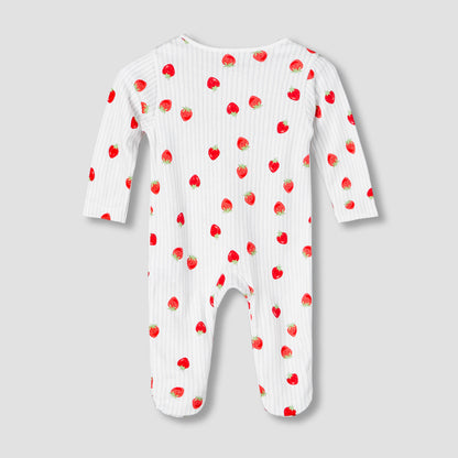 Juniors Cotton Round Neck Long Sleeves Sleepsuit with Strawberry Print