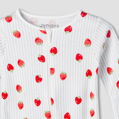 Juniors Cotton Round Neck Long Sleeves Sleepsuit with Strawberry Print