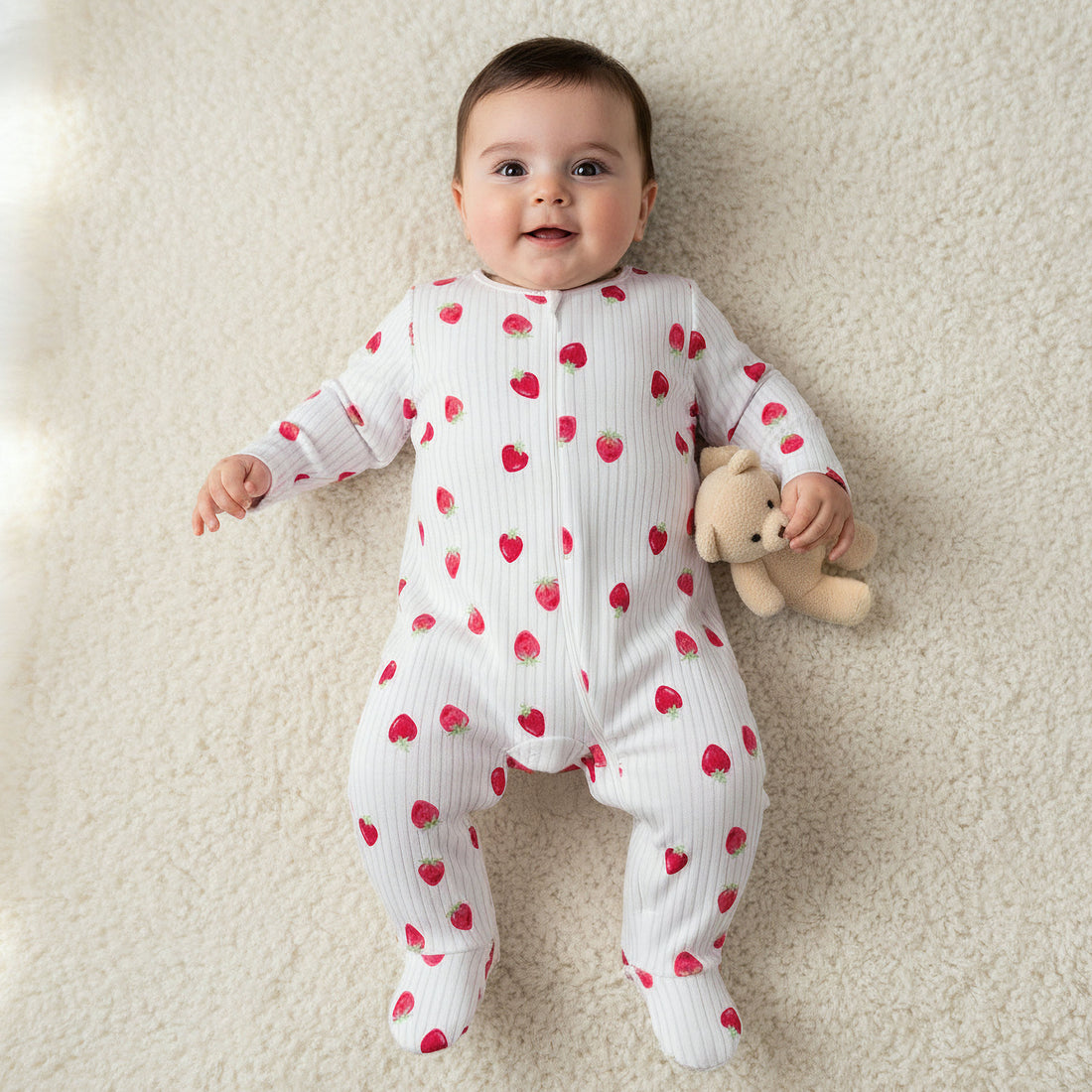 Juniors Cotton Round Neck Long Sleeves Sleepsuit with Strawberry Print - White / 12-18 mths