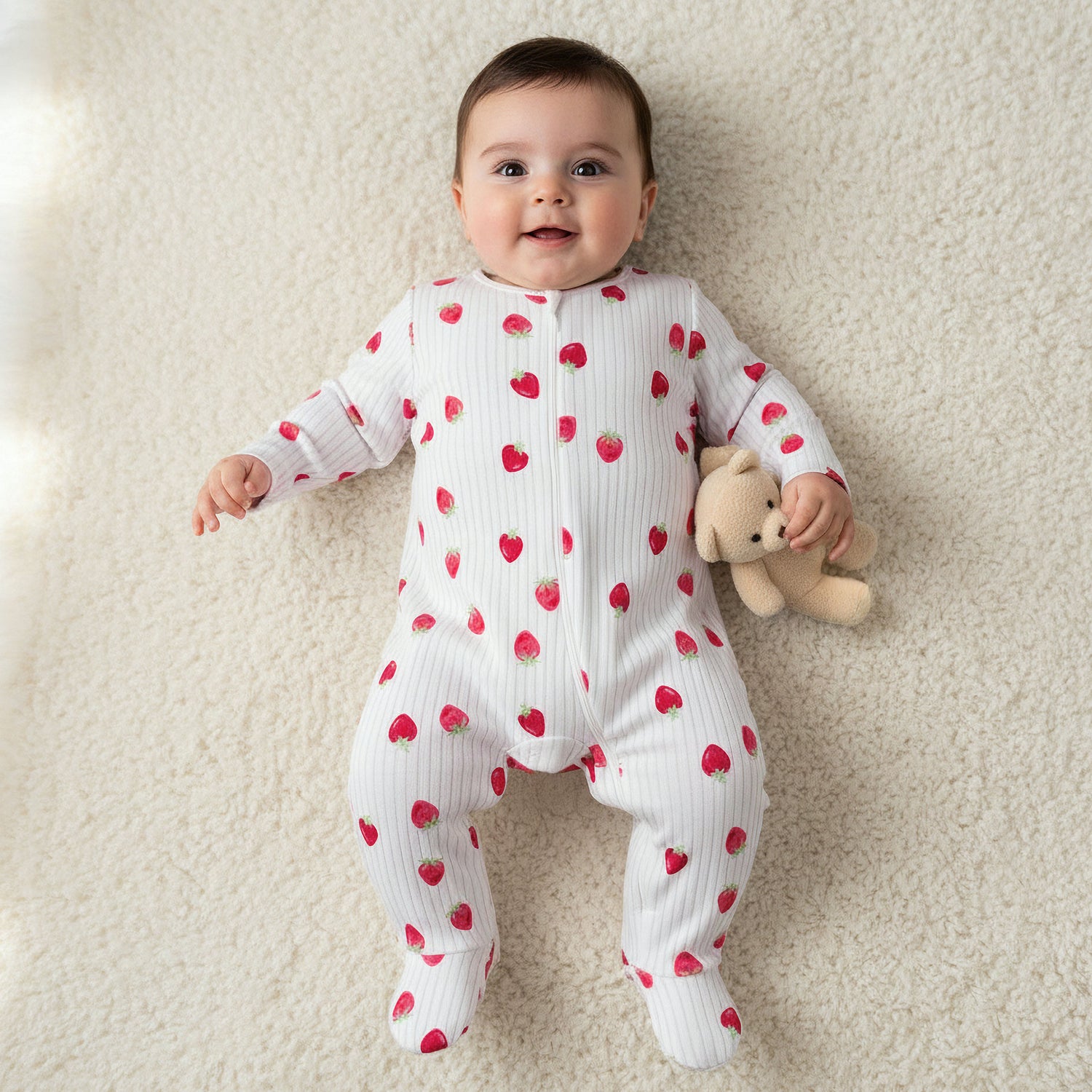 Juniors Cotton Round Neck Long Sleeves Sleepsuit with Strawberry Print - White / 12-18 mths