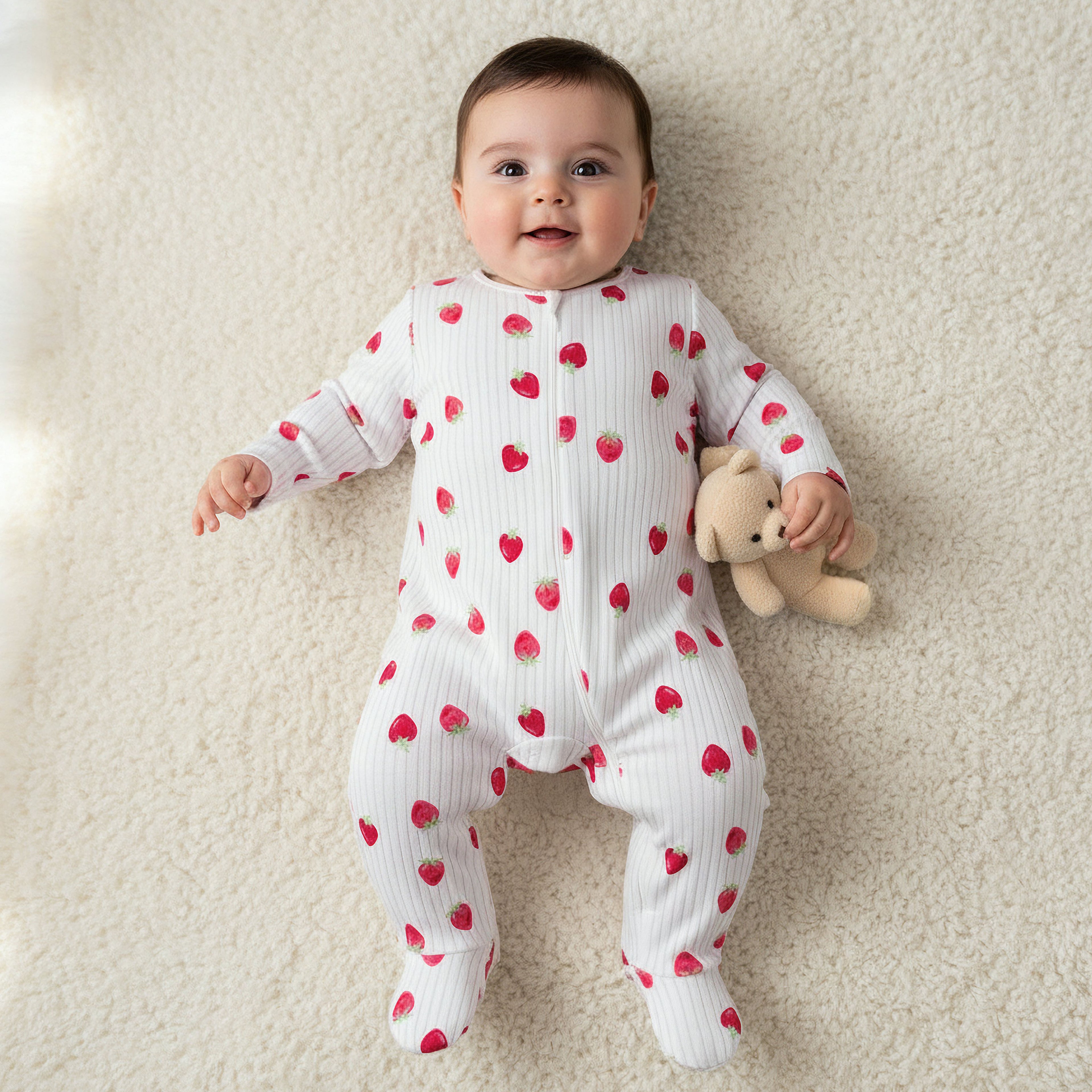 Juniors Cotton Round Neck Long Sleeves Sleepsuit with Strawberry Print - White / 12-18 mths